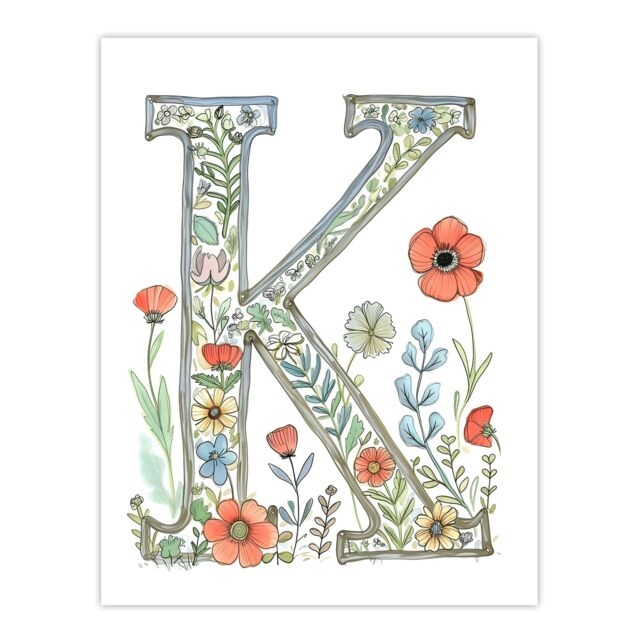 "Artery8 Women's Wall Art Print Letter K Watercolour Wildflowers Delicate Nature Floral Word Art For Her Poster - Size: W12"" x H16""" - image 1