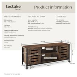 tectake Tv Stand Carlow - Lowboard With Two Cabinets, Shelves, 2 Cable Cutouts in Brown - Size: 110 cm - thumbnail 6
