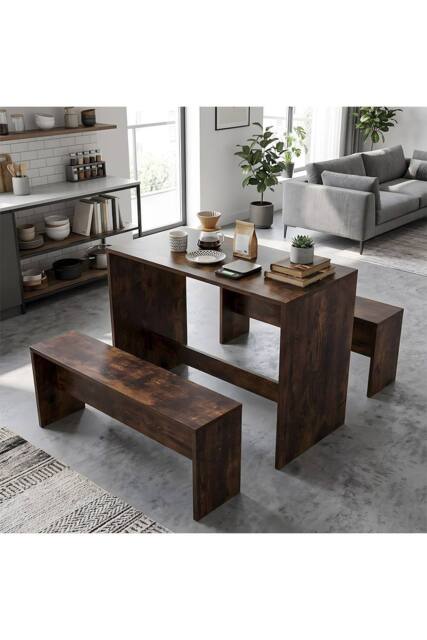 Living and Home Retro Dining Table Set with 2 Stools in Brown - image 1