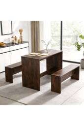 Living and Home Retro Dining Table Set with 2 Stools in Brown - thumbnail 3