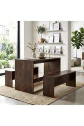Living and Home Retro Dining Table Set with 2 Stools in Brown - thumbnail 2