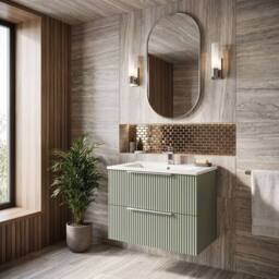 Balterley Tixall Fluted 2 Drawer Wall Hung Vanity Basin Unit, Satin Green, 600mm in Green - thumbnail 3