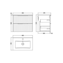 Balterley Tixall Fluted 2 Drawer Wall Hung Vanity Basin Unit, Satin Green, 600mm in Green - thumbnail 2