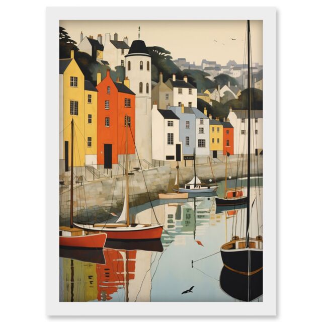 Artery8 Wall Art Print Dartmouth Harbour Boats Watercolour Painting Devon Scenic River Dart Townscape Artwork Framed A4 in White - image 1