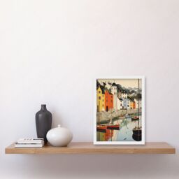 Artery8 Wall Art Print Dartmouth Harbour Boats Watercolour Painting Devon Scenic River Dart Townscape Artwork Framed A4 in White - thumbnail 2