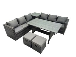 Fimous 8 Seater Garden Rattan Furniture Set with Side Table 2 Small Stools in Dark Grey - thumbnail 1