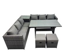 Fimous 8 Seater Garden Rattan Furniture Set with Side Table 2 Small Stools in Dark Grey - thumbnail 2