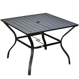 OUTSUNNY Garden Table with Parasol Hole for Four, Slatted Metal Plate Top in Black - thumbnail 2