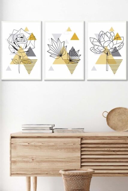 ARTZE Framed Yellow & Grey Geometric Flowers Framed Wall Art - Medium in White - Size: W45 cm x H62 cm x D20mm - image 1