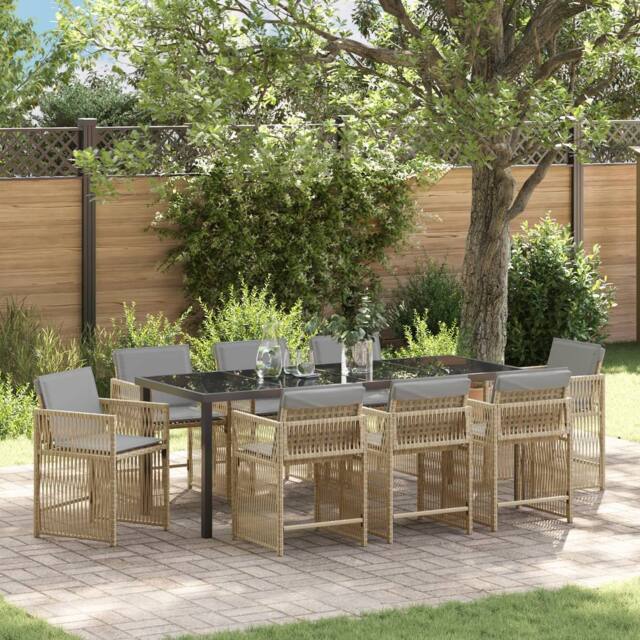 Berkfield Home 9 Piece Garden Dining Set with Cushions Beige Poly Rattan - image 1
