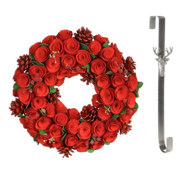 Dibor 35cm Red Crimson Rose Christmas Wreath with Stag Wreath Hanger - image 1