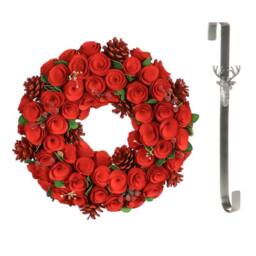 Dibor 35cm Red Crimson Rose Christmas Wreath with Stag Wreath Hanger