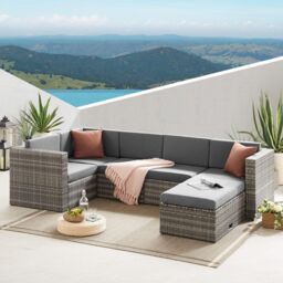 The Tatton Grey Rattan Garden Furniture 6 Seat Corner Sofa & Coffee Table Patio Set - thumbnail 1