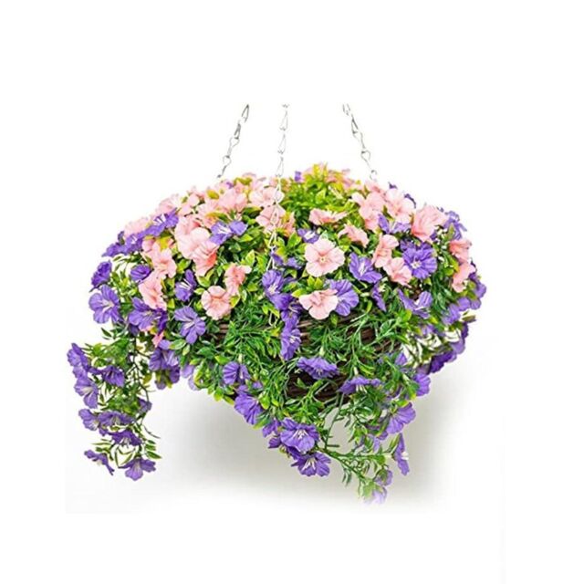 Primrose Large Artificial Petunia Flowers Rattan Hanging Basket Decoration Purple & Pink 30cm in Green - image 1