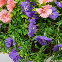 Primrose Large Artificial Petunia Flowers Rattan Hanging Basket Decoration Purple & Pink 30cm in Green - thumbnail 4