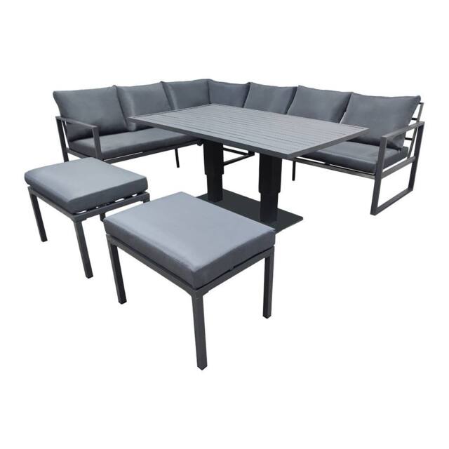 Alivio 8-Seater Grey L-Shape Garden Sofa Set with Rising Table & Stools - Size: 250 cm x 70 cm - image 1