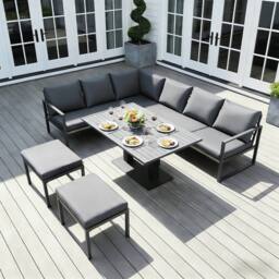 Alivio 8-Seater Grey L-Shape Garden Sofa Set with Rising Table & Stools - Size: 250 cm x 70 cm - thumbnail 2