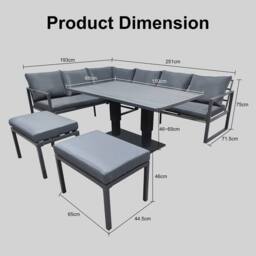 Alivio 8-Seater Grey L-Shape Garden Sofa Set with Rising Table & Stools - Size: 250 cm x 70 cm - thumbnail 3