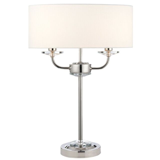 Loops Twin Light Table Lamp Bright Nickel & White Shade Crystal Trim Bedside Feature in Metallics - image 1