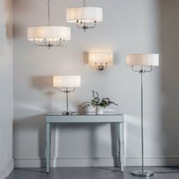 Loops Twin Light Table Lamp Bright Nickel & White Shade Crystal Trim Bedside Feature in Metallics - thumbnail 5