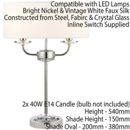 Loops Twin Light Table Lamp Bright Nickel & White Shade Crystal Trim Bedside Feature in Metallics - thumbnail 2