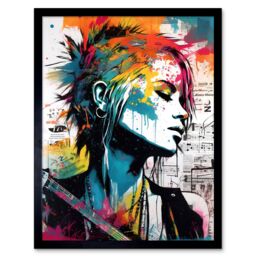 "Artery8 Wall Art Print Emo Woman Electric Guitar Sheet Music Upcycle Art Splatter Paint Modern Painting Art Framed in Black - Size: W12"" x H16""" - thumbnail 1