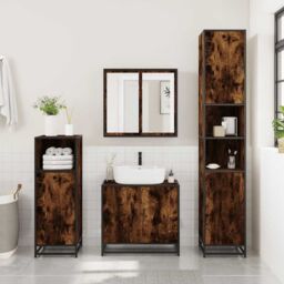 Berkfield Home 3 Piece Bathroom Furniture Set Smoked Oak Engineered Wood in Brown - thumbnail 3