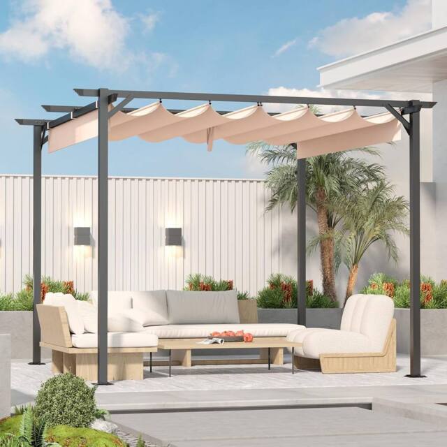 Gartistgo 8x8FT Outdoor Retractable Pergola with Adjustable Canopy in Beige - image 1