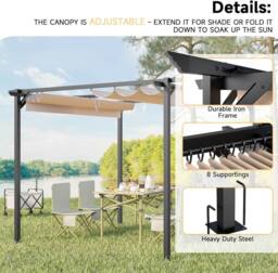 Gartistgo 8x8FT Outdoor Retractable Pergola with Adjustable Canopy in Beige - thumbnail 3