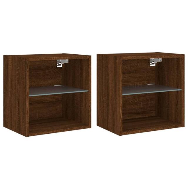 Berkfield Home Bedside Cabinets with LED Lights Wall-mounted 2 pcs Brown Oak - image 1