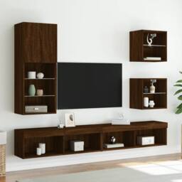 Berkfield Home Bedside Cabinets with LED Lights Wall-mounted 2 pcs Brown Oak - thumbnail 5