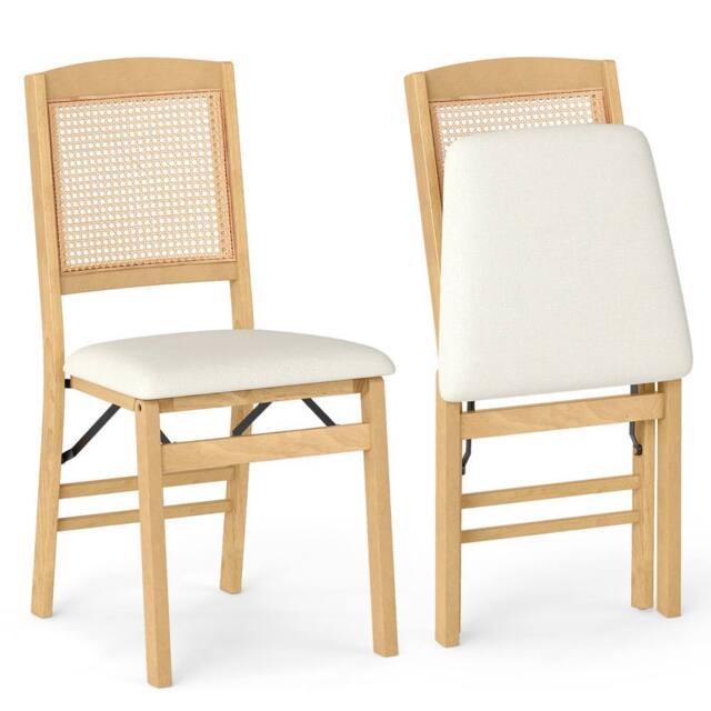 Costway Folding Chairs Set of 2 Rubber Wood Dining Chairs w/Linen Padded Seat in Natural - image 1