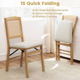 Costway Folding Chairs Set of 2 Rubber Wood Dining Chairs w/Linen Padded Seat in Natural - thumbnail 6