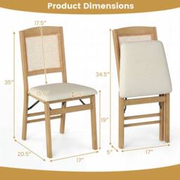 Costway Folding Chairs Set of 2 Rubber Wood Dining Chairs w/Linen Padded Seat in Natural - thumbnail 2