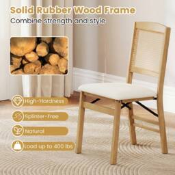 Costway Folding Chairs Set of 2 Rubber Wood Dining Chairs w/Linen Padded Seat in Natural - thumbnail 4