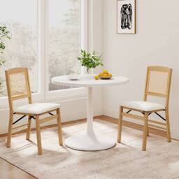 Costway Folding Chairs Set of 2 Rubber Wood Dining Chairs w/Linen Padded Seat in Natural - thumbnail 3