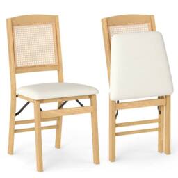 Costway Folding Chairs Set of 2 Rubber Wood Dining Chairs w/Linen Padded Seat in Natural - thumbnail 1