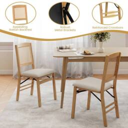 Costway Folding Chairs Set of 2 Rubber Wood Dining Chairs w/Linen Padded Seat in Natural - thumbnail 7
