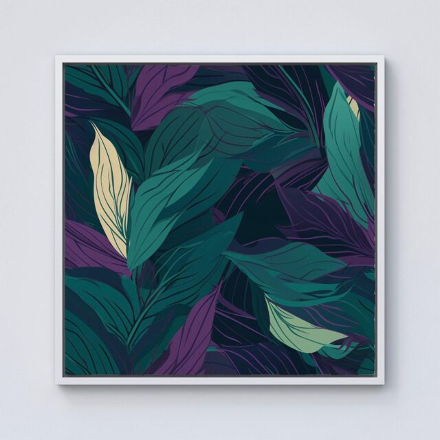 Warren Reed - Designer Green Purple Tropical Leaves Framed Canvas in Off-White - Size: w40 inch x h40 inch - image 1