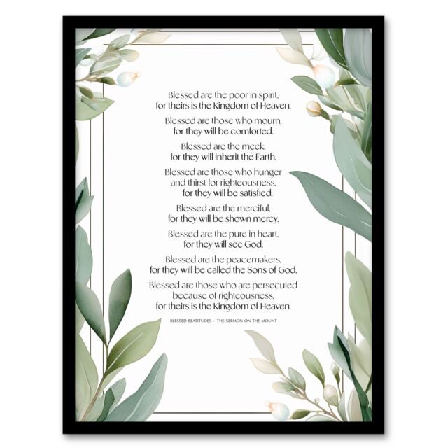 "Artery8 Wall Art Print Blessed Beatitudes Sermon of the Mount Matthew Gospel Green Framed Art - Size: W12"" x H16""" - image 1