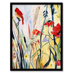 Artery8 Northen Cardinal Bird Watercolour Spring Flowers Framed Art Print - Size: A4 - thumbnail 1