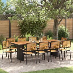 Berkfield Home 11 Piece Garden Dining Set Black Poly Rattan Acacia - thumbnail 1