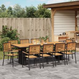 Berkfield Home 11 Piece Garden Dining Set Black Poly Rattan Acacia - thumbnail 4