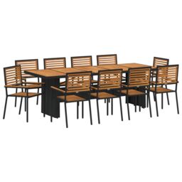 Berkfield Home 11 Piece Garden Dining Set Black Poly Rattan Acacia - thumbnail 2