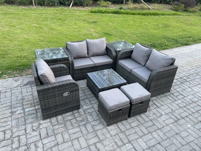 Fimous PE Rattan Garden Furniture Sets Outdoor Love Sofa Chair Set Square Coffee Table 2 Side Tables 2 Small Footstools in Dark Grey - image 1