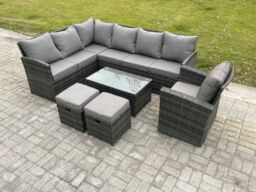 Fimous Rattan Lounge Corner Sofa Set Wicker PE Outdoor Garden Furniture Set with Rectangular Coffee Table 2 Small Footstools in Dark Grey - thumbnail 1