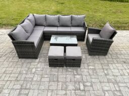 Fimous Rattan Lounge Corner Sofa Set Wicker PE Outdoor Garden Furniture Set with Rectangular Coffee Table 2 Small Footstools in Dark Grey - thumbnail 2