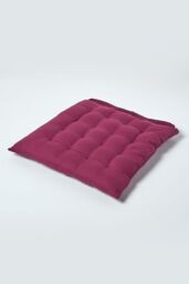 Homescapes Seat Pad Luxury 100% Cotton Indoor Outdoor Garden Cushion, Button Tie, 40cm in Plum - thumbnail 1