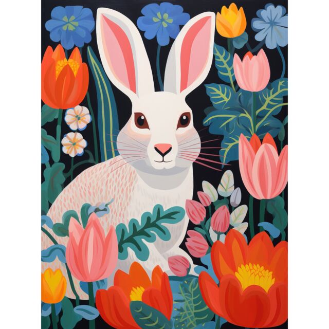 "Artery8 Wall Art Print Bunny Rabbit in Colourful Bold Vibrant Flowers Kids Bedroom Floral Artwork Garden Spring Blooms Poster - Size: W12"" x H16""" - image 1