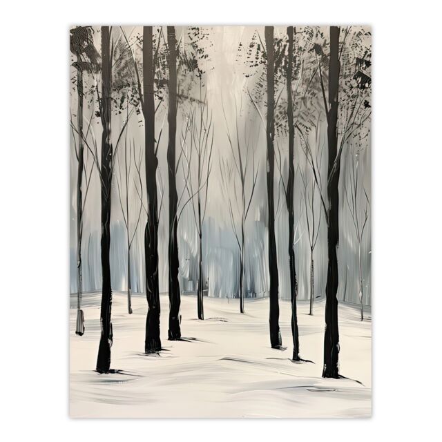 "Artery8 White Winter Morning Forest Oil Painting Serene Wall Art Print in Grey - Size: W12"" x H16""" - image 1